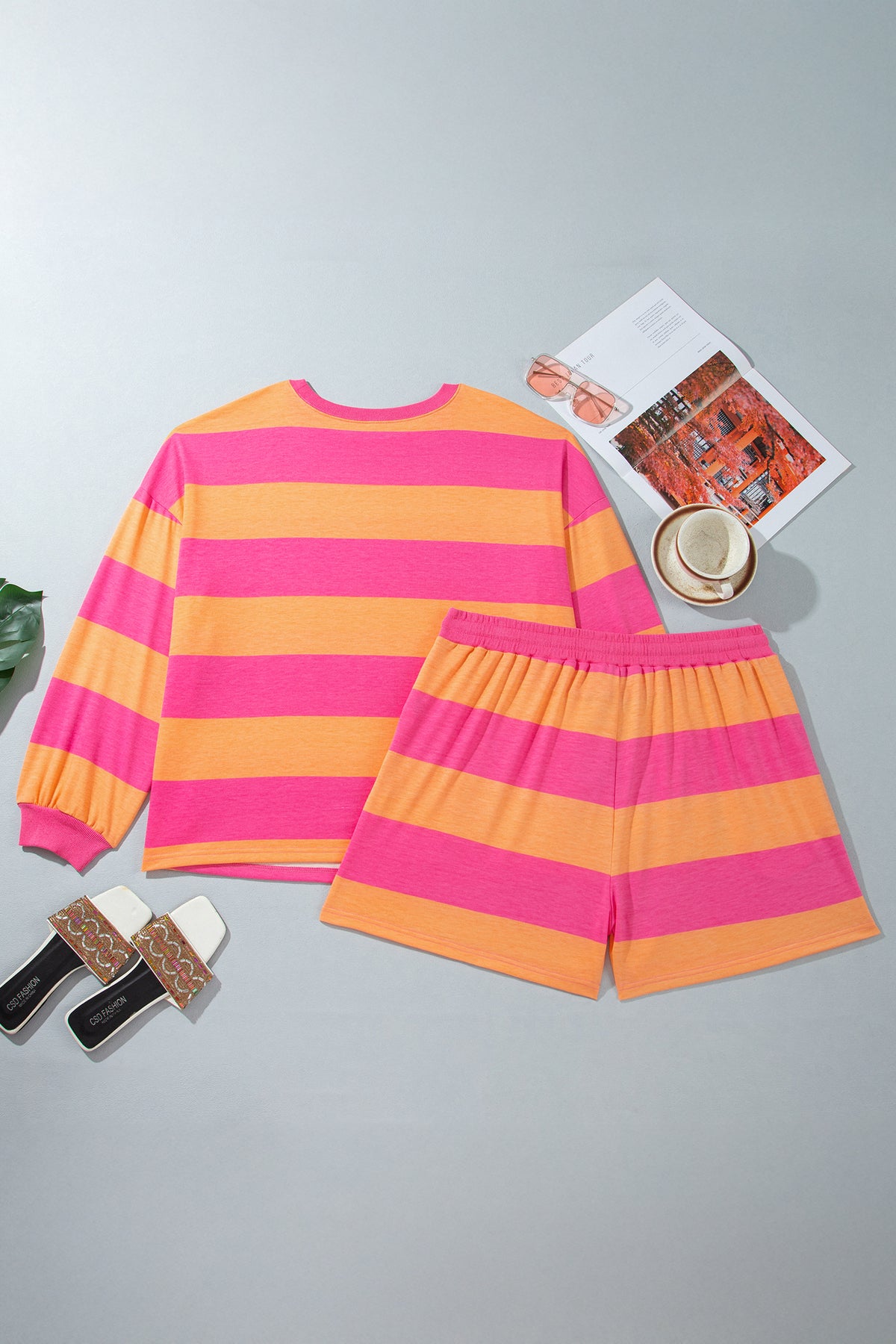 Pink Stripe Plus Size Horizontal Color Block Long Sleeve Top Drawstring Short Set