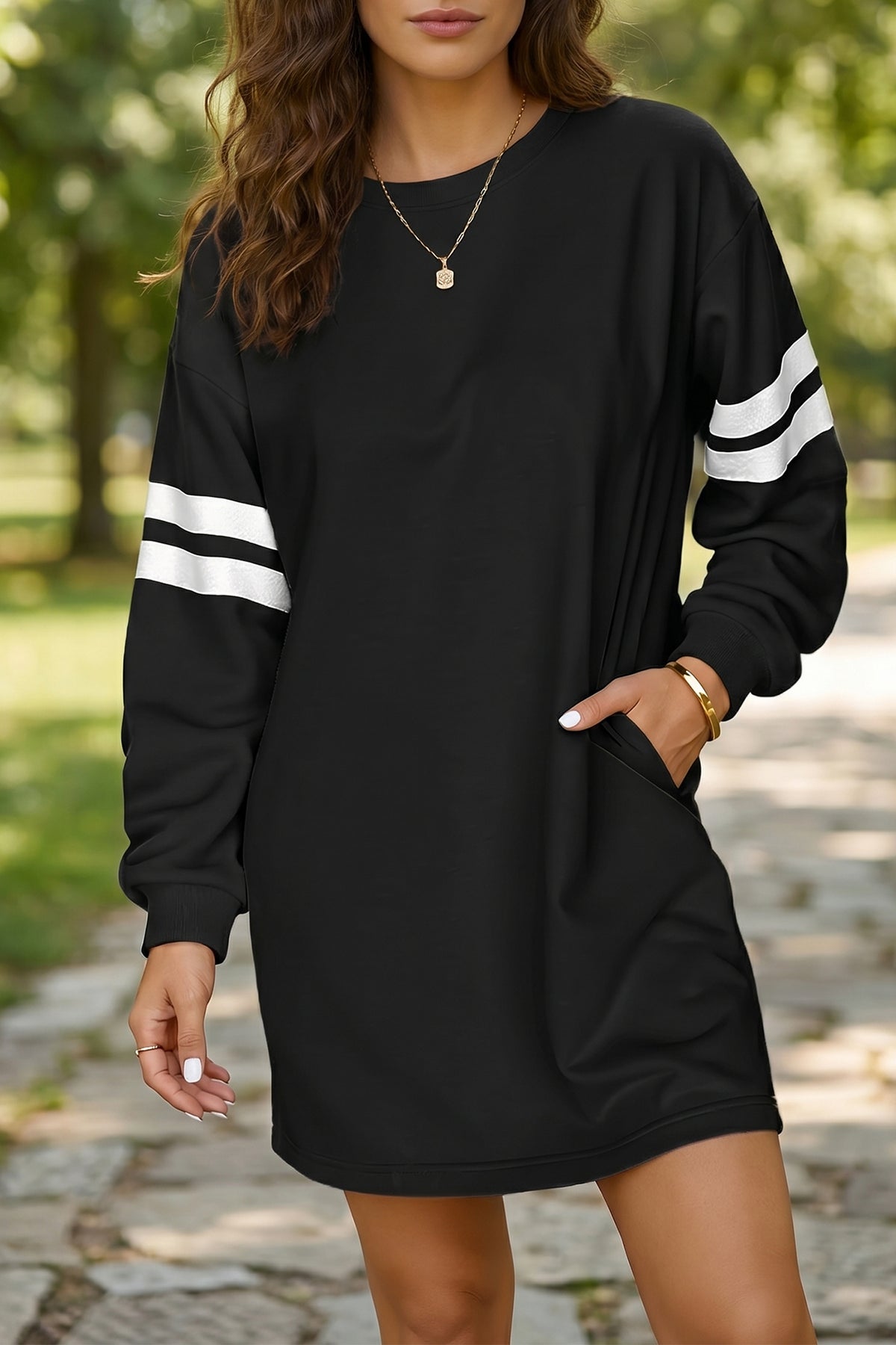 Sky Blue Varsity Contrast Banded Sleeve Shift Sweatshirt Dress