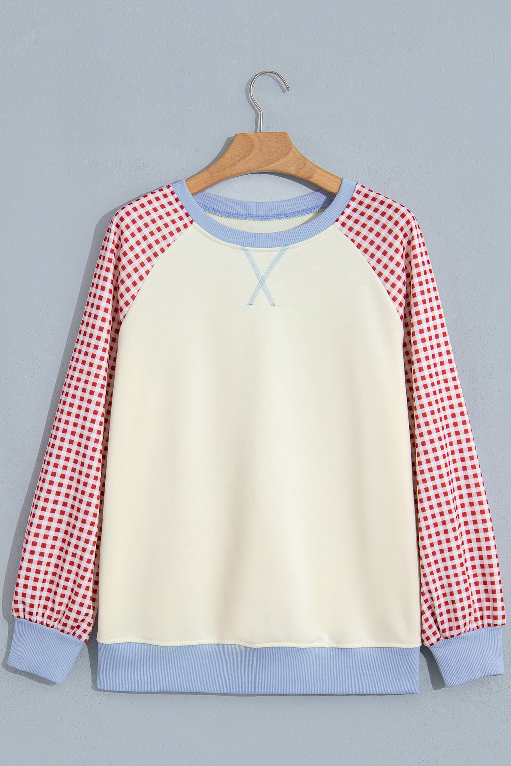 Light Blue Plaid Sleeve Colorblock Raglan Pullover Sweatshirt
