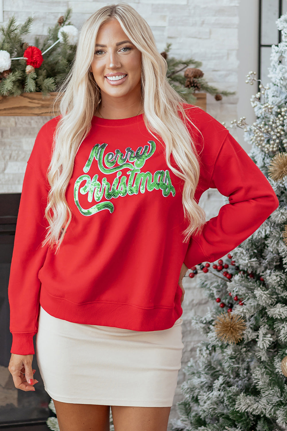 Red Merry Christmas Crewneck Drop Shoulder Loose Sweatshirt