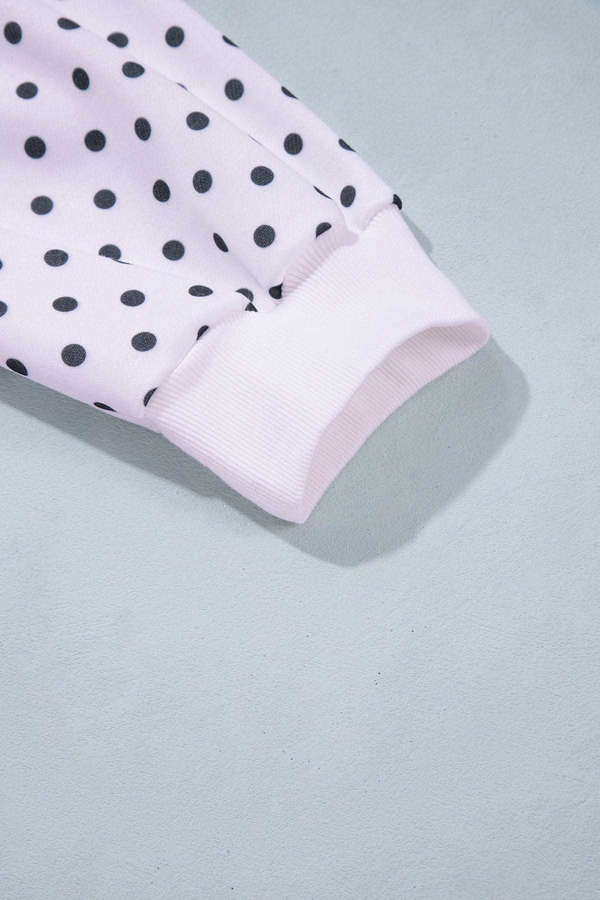 White Polka Dot Ribbed Stand Neck Plus Size Casual Sweatshirt