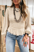 Jet Stream Solid Color Smocked Ruffle Hem Long Sleeve Blouse