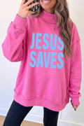 Bright Pink JESUS SAVES Graphic Mock Neck Sweatshirt