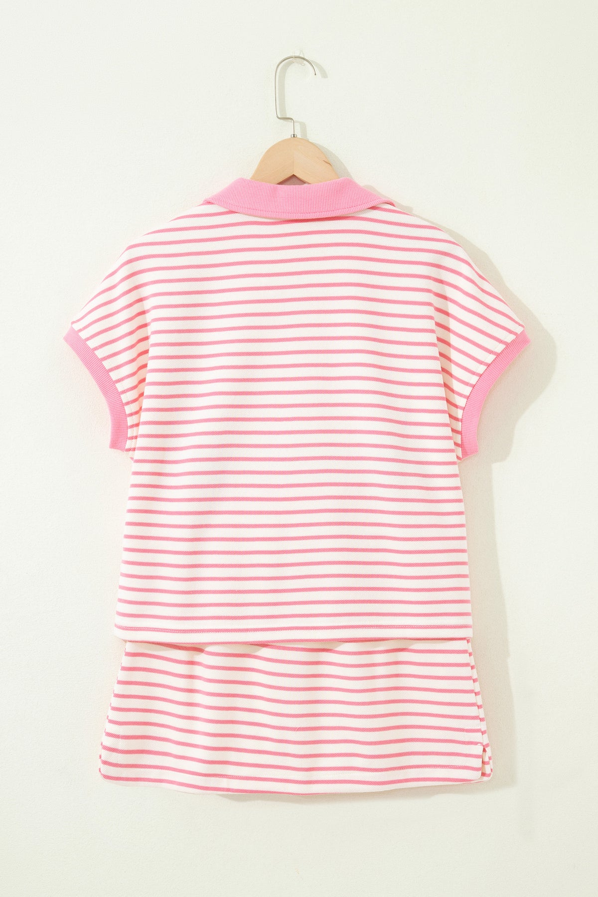 Pink Stripe Color Block Patchwork Polo Tee Drawstring Elastic Waist 2pcs Skort Set