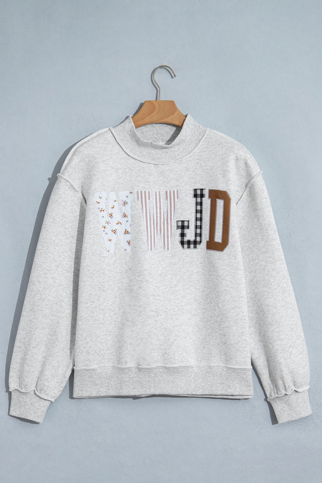 WWJD Embroidered Patchwork Mock Neck Sweatshirt