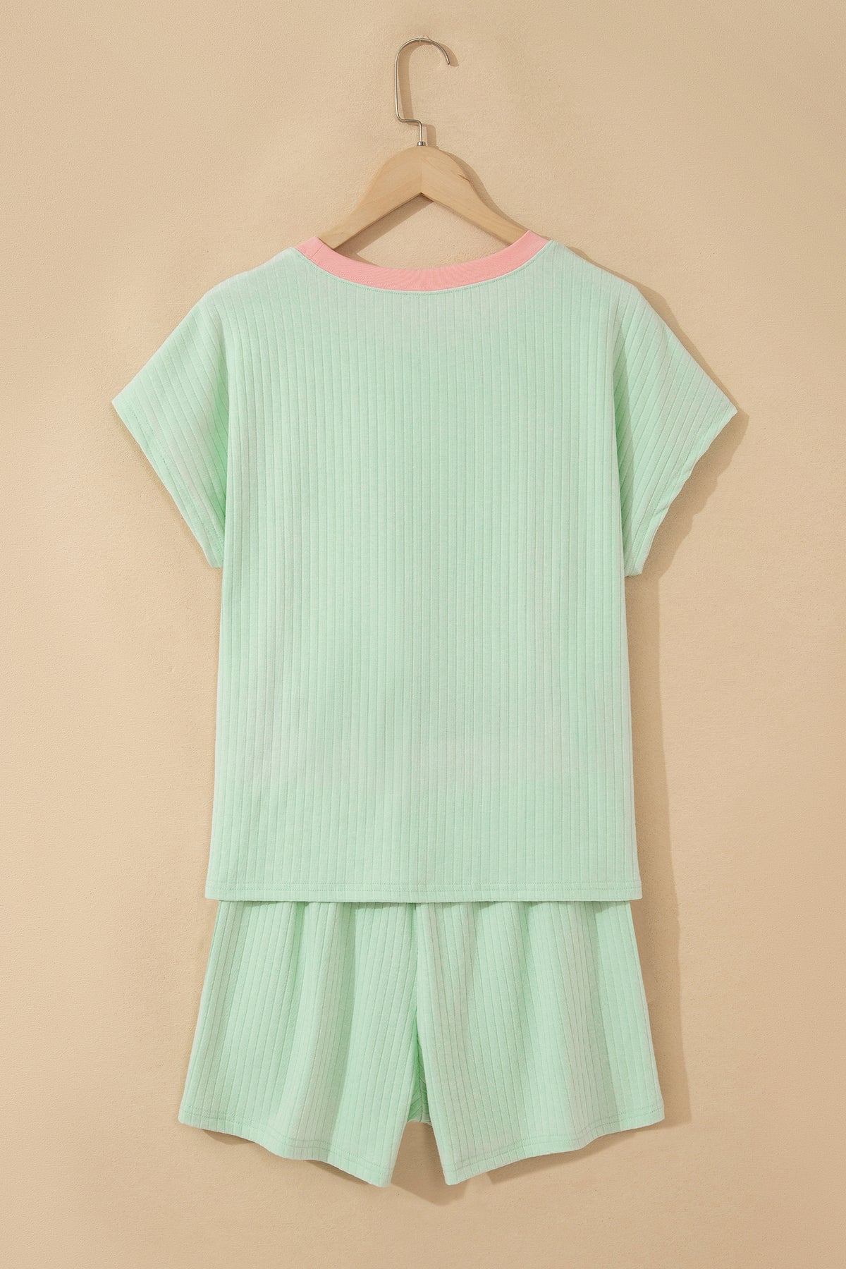 Clearly Aqua Soft Ribbed Color Block Trim Casual Short Set