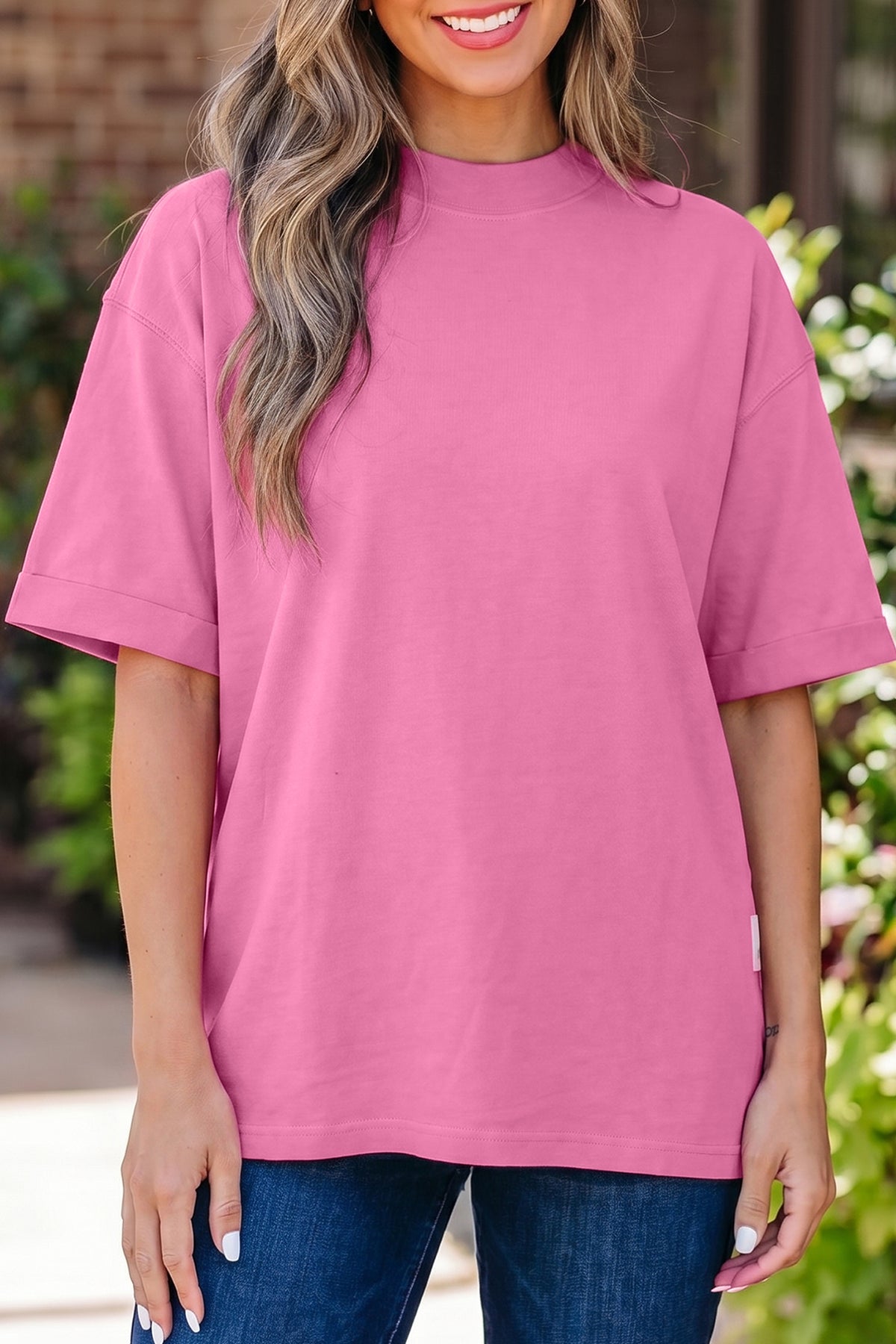 Dark Blue Solid Color High Neck Oversize Tee