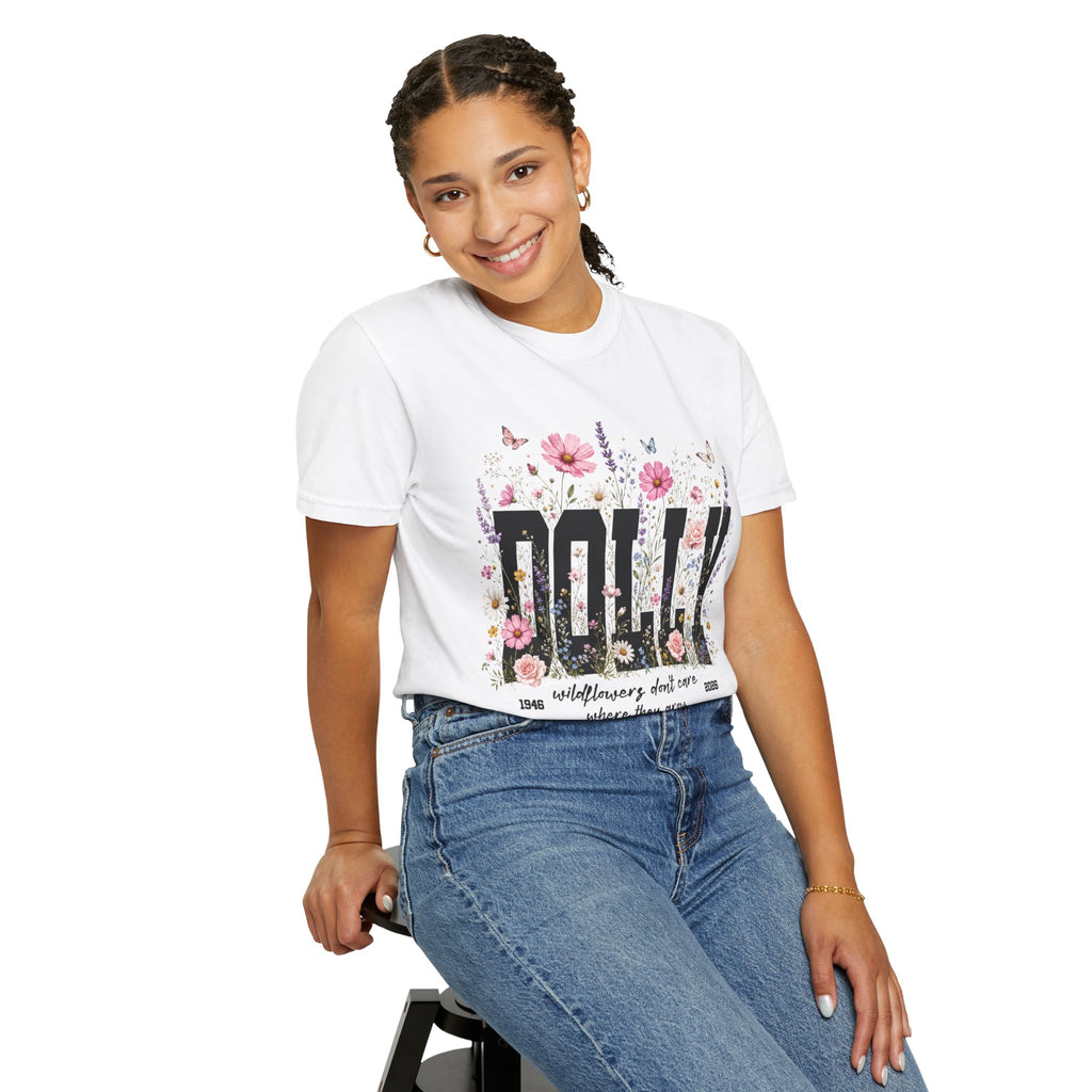 DOLLY Floral Band Tee — Vintage Country Music Tribute Shirt