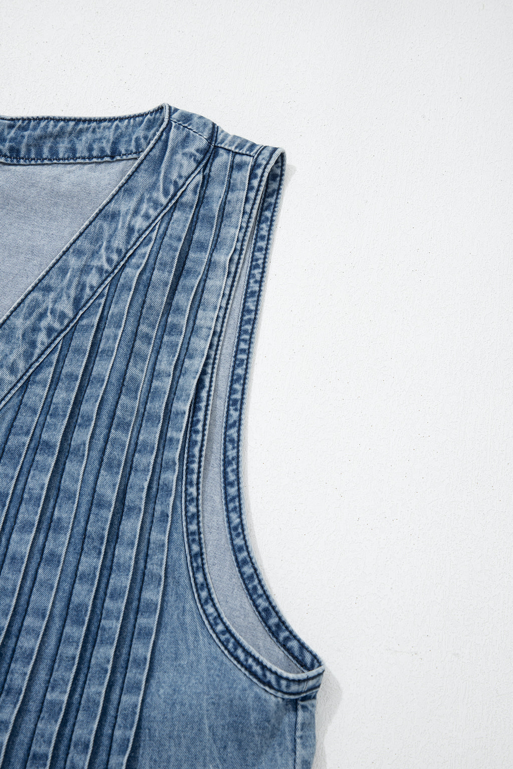 Dusk Blue 100% Cotton Acid Wash Pintuck Tie V Neck Denim Wide Leg Jumpsuit