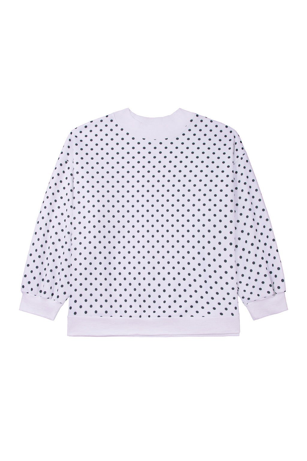 White Polka Dot Ribbed Stand Neck Plus Size Casual Sweatshirt