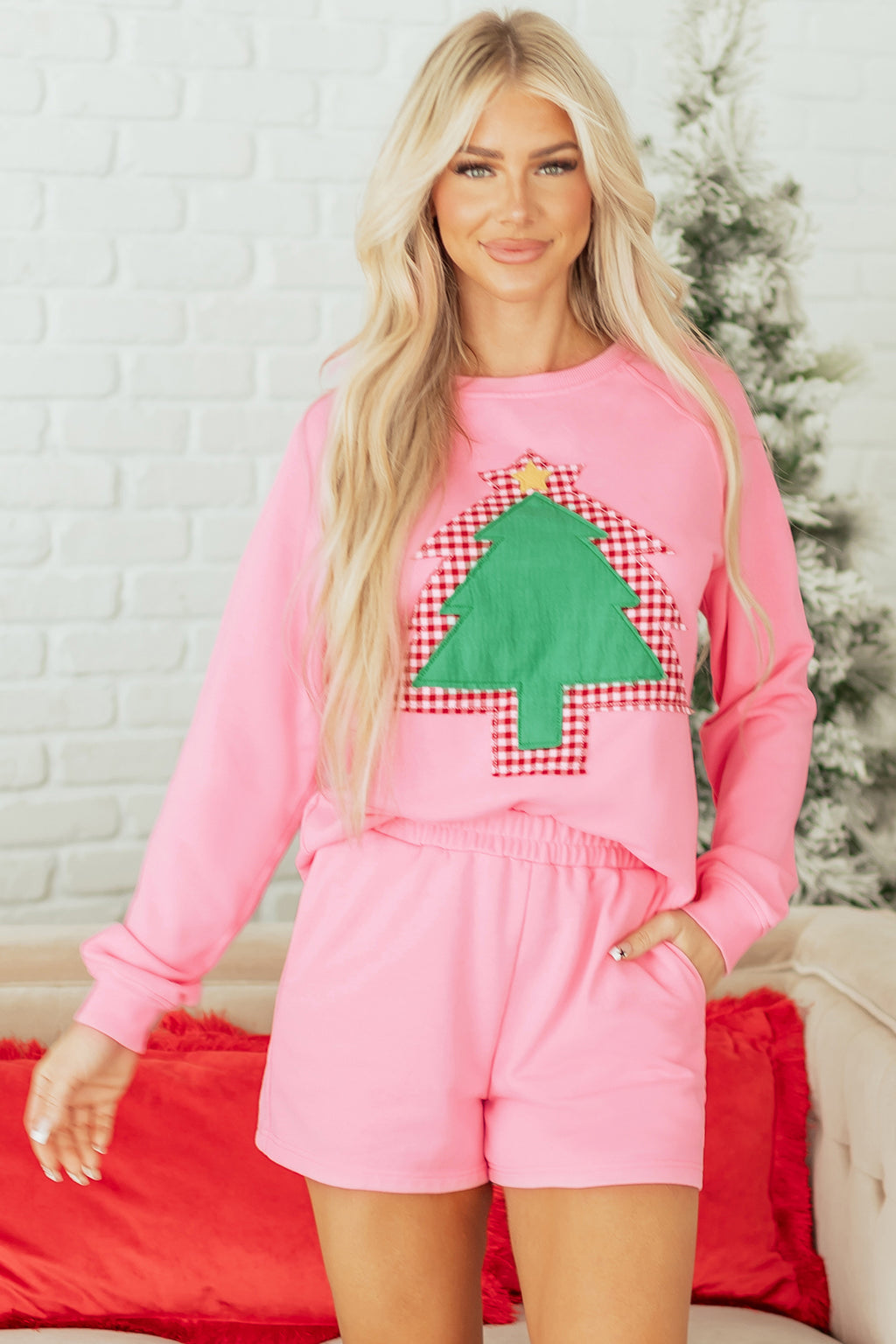 Sachet Pink Plaid Contrasted Double Christmas Tree Patched Raglan Sleeve Pullover 2pcs Short Set