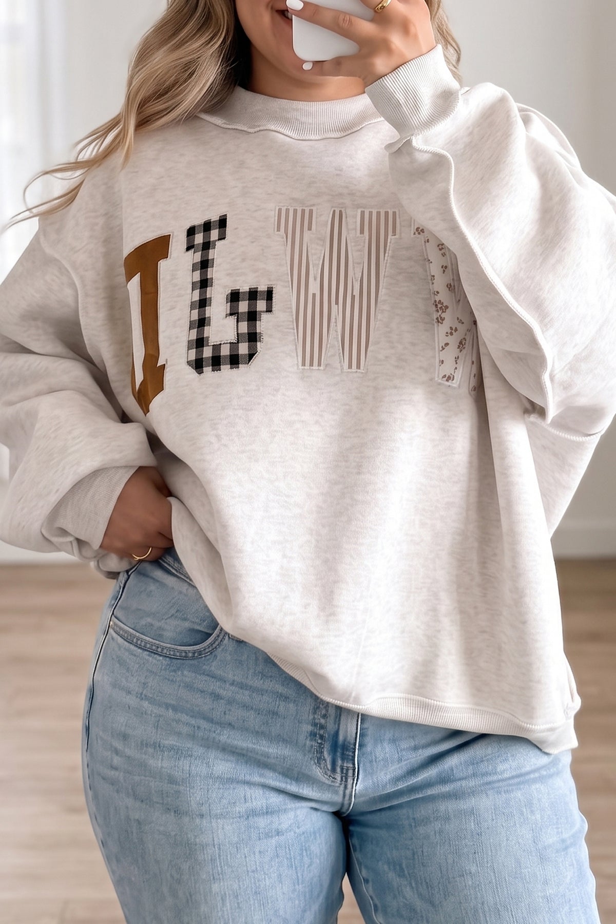 Coffee WWJD Mix Pattern Letter Graphic Exposed Seam Loose Plus Size Sweatshirt