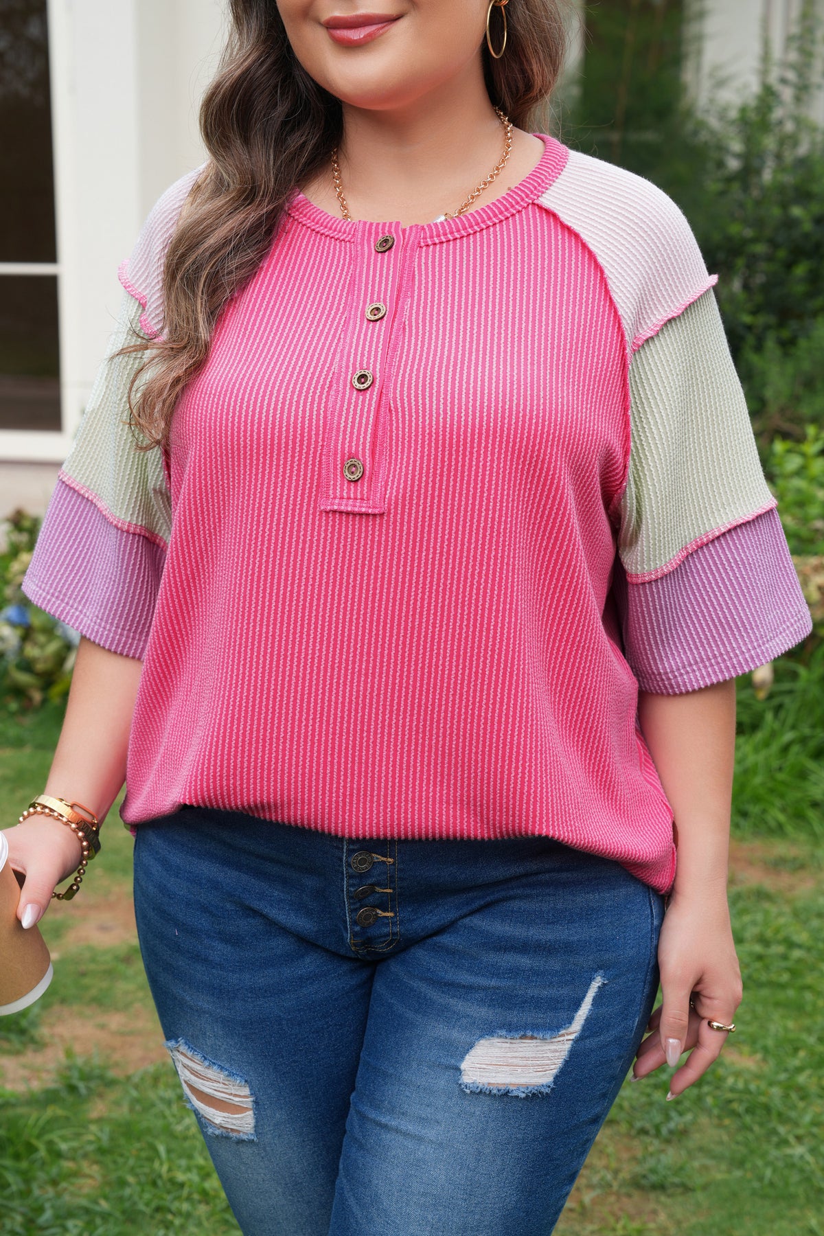 Bright Pink Plus Size Twisted Rib Color Block Patchwork Short Sleeve Henley Top