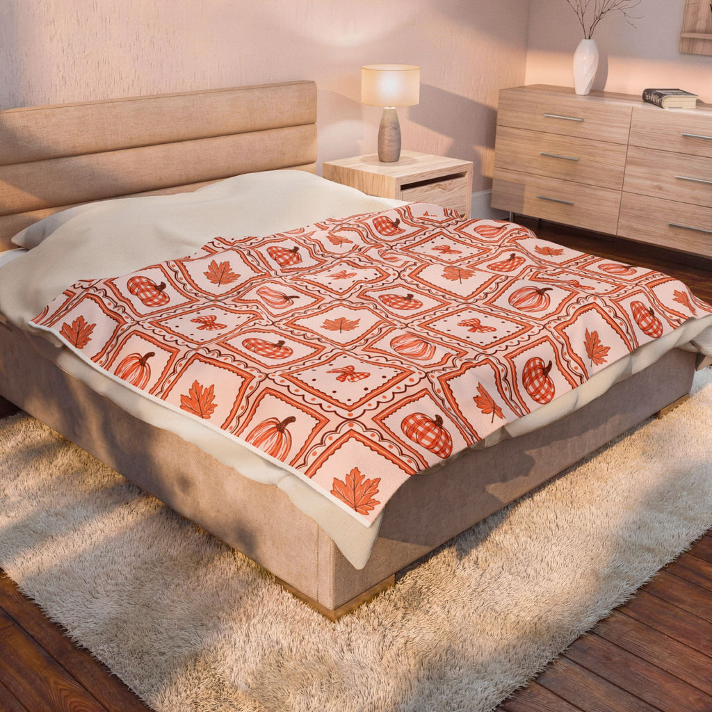 Autumn Patchwork Pumpkin & Maple Leaf Velveteen Plush Blanket