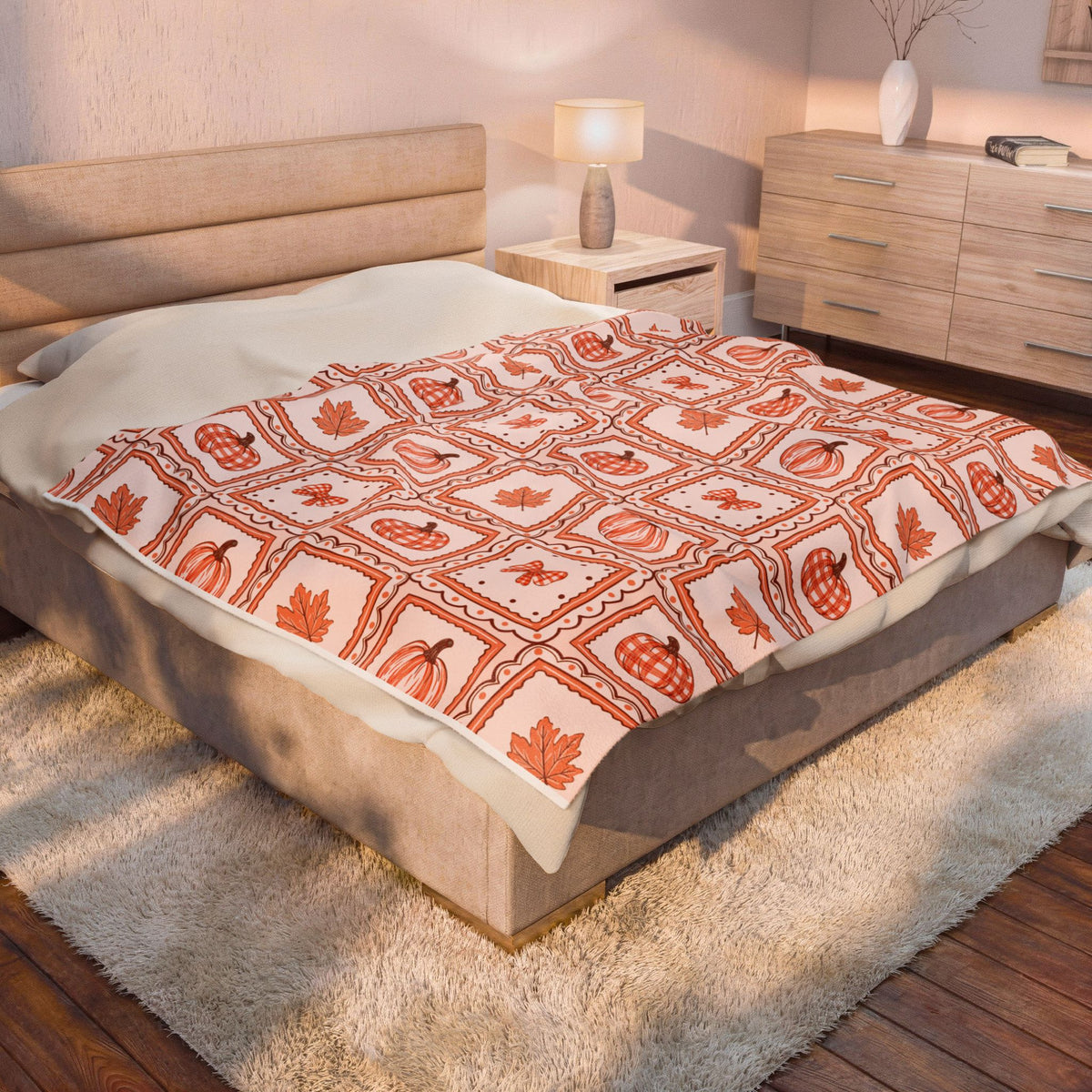 Autumn Patchwork Pumpkin & Maple Leaf Velveteen Plush Blanket