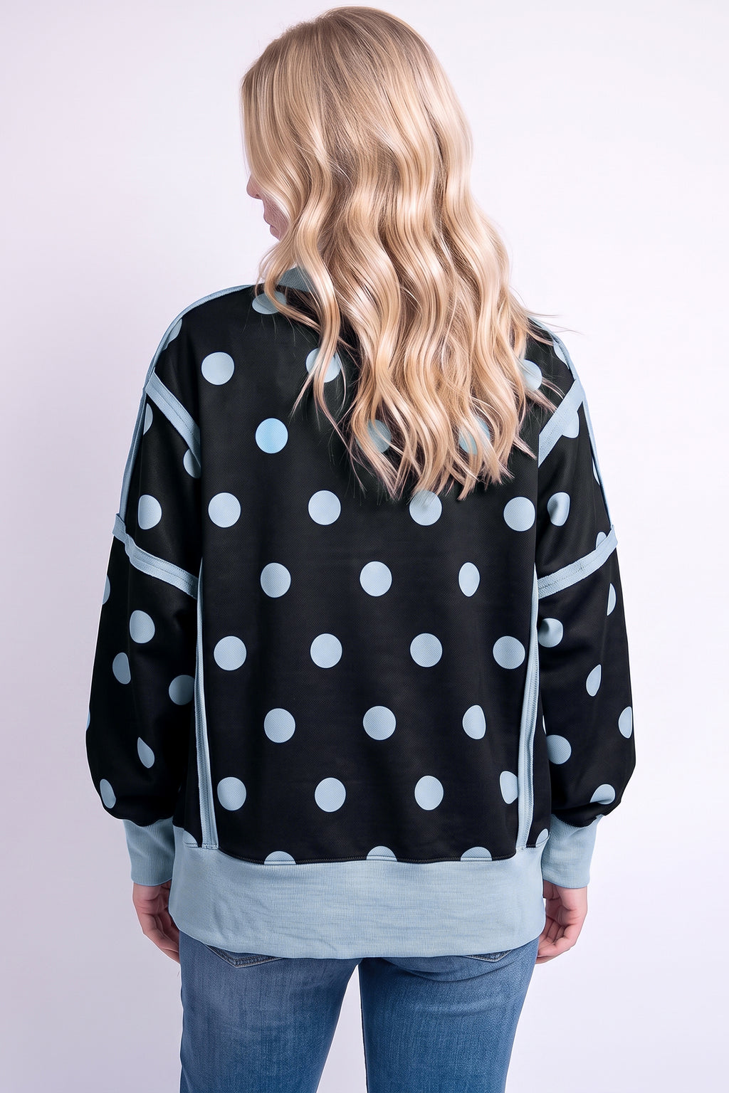 Blue Polka Dot Contrast Patchwork Round Neck Baggy Sweatshirt