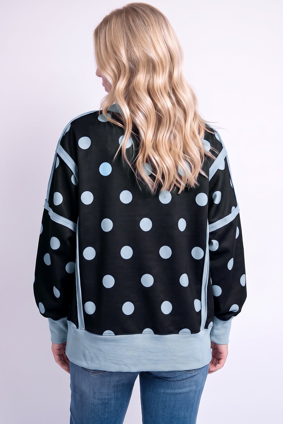 Blue Polka Dot Contrast Patchwork Round Neck Baggy Sweatshirt
