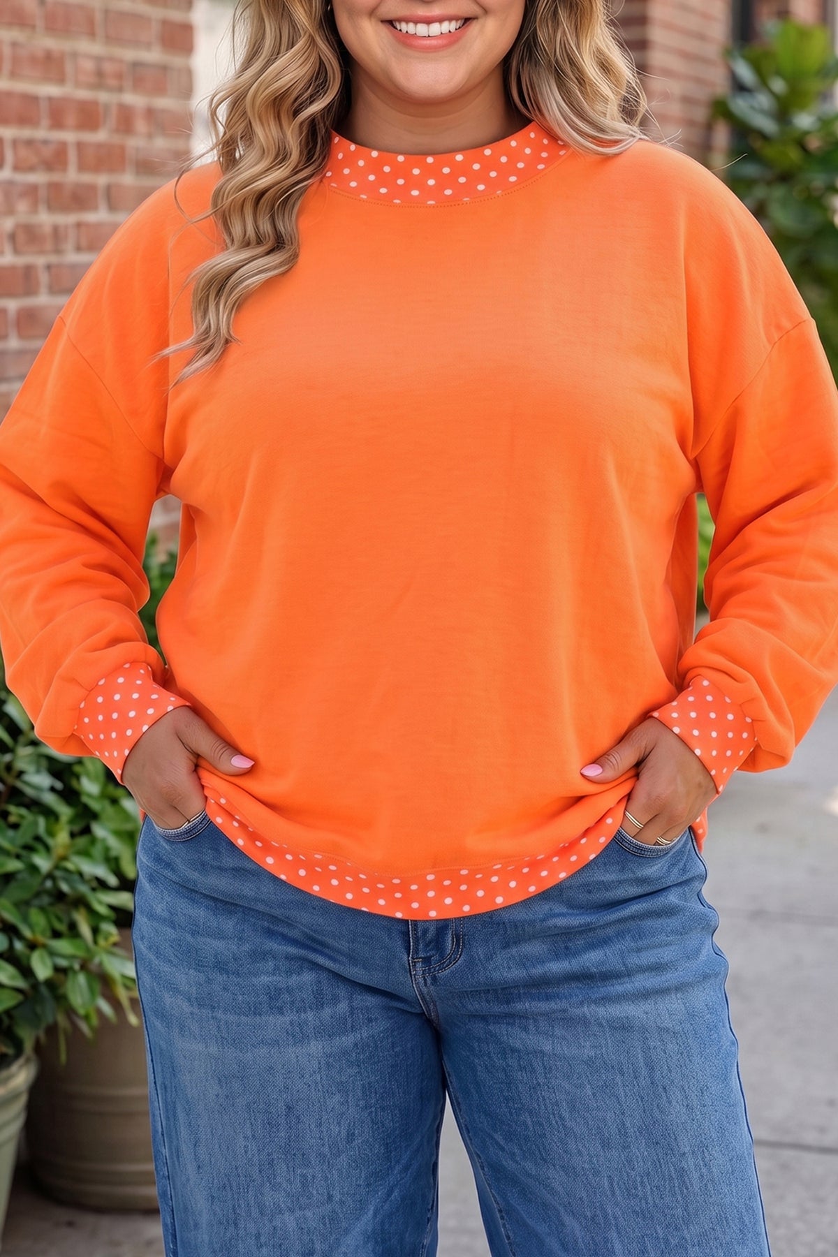 Red Polka Dot Patchwork Round Neck Plus Size Sweatshirt