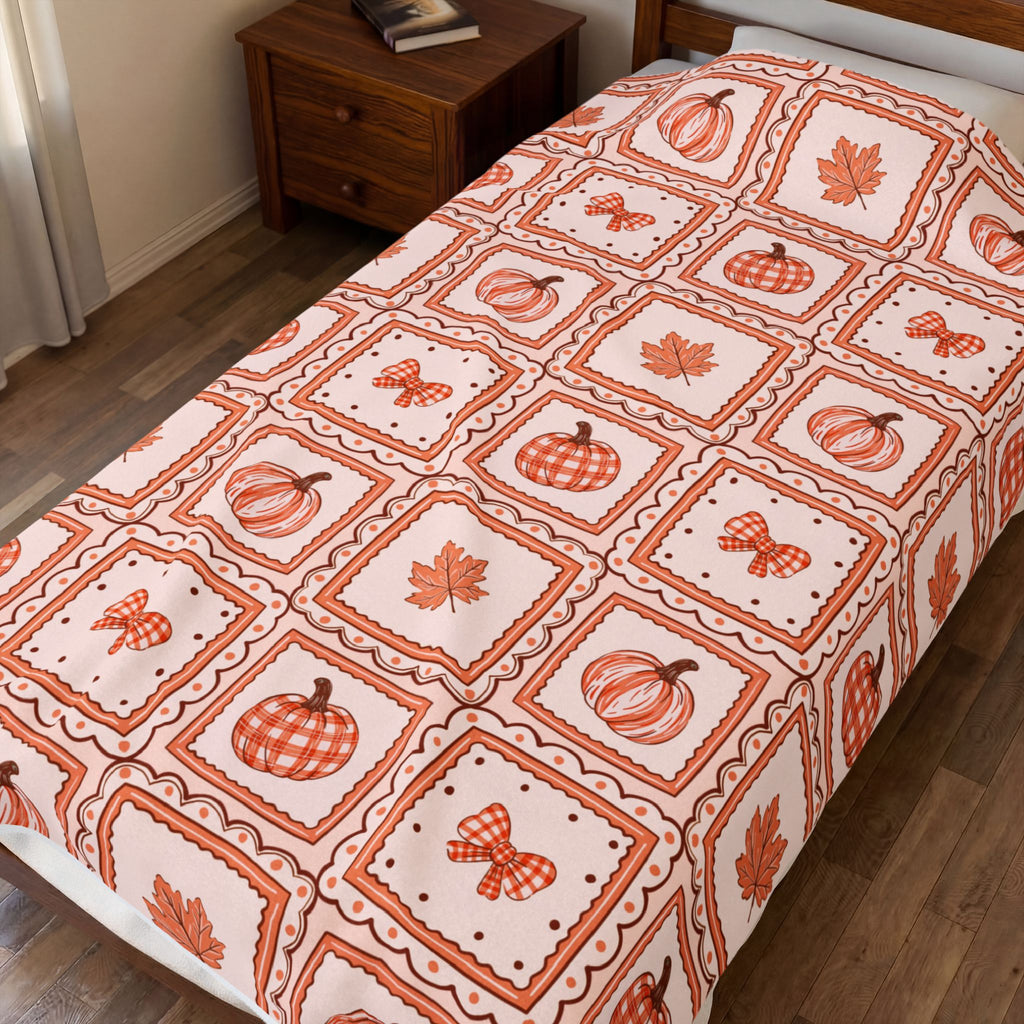Autumn Patchwork Pumpkin & Maple Leaf Velveteen Plush Blanket