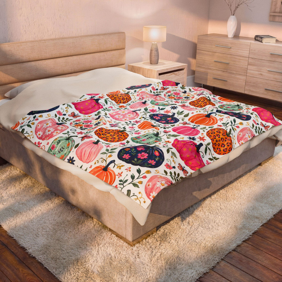 Plush Blanket - Colorful Floral Pumpkin Fall Throw
