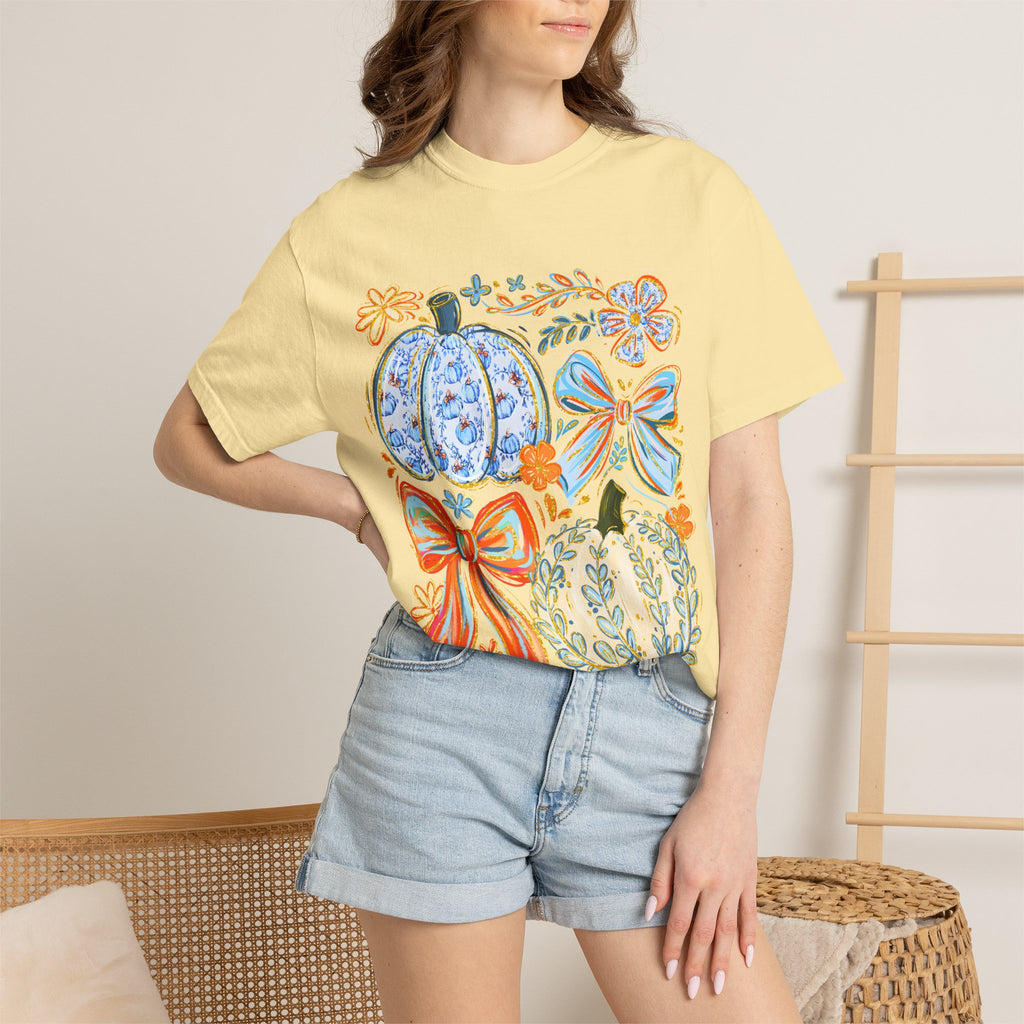 Pumpkin Bow T-Shirt — Floral Decorative Fall Pumpkins Tee