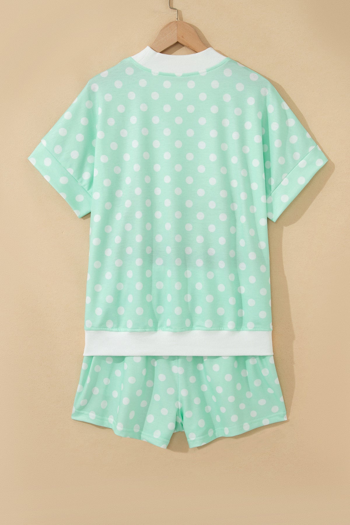 Pink Polka Dot Print Color Block Trim Mock Neck Short Set