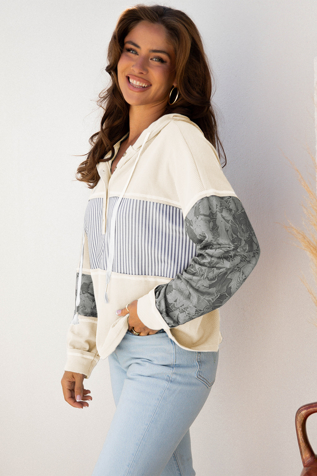 Cinnamon Waffle Printed Patchwork Drawstring Hooded Long Sleeve Top