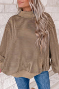 Khaki Stripe Ribbed Color Block Mock Neck Oversized Sweatshirt