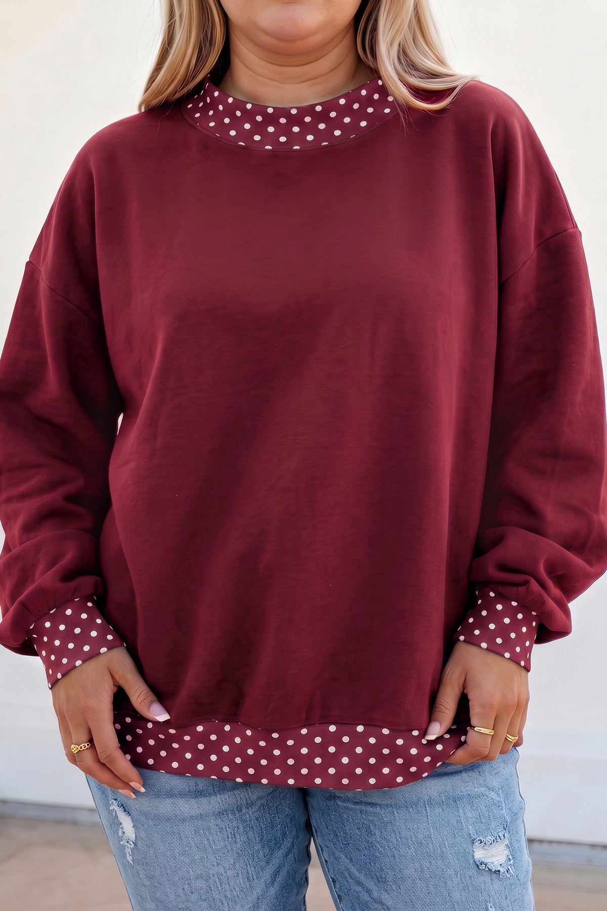 Racing Red Polka Dot Patchwork Round Neck Plus Size Sweatshirt