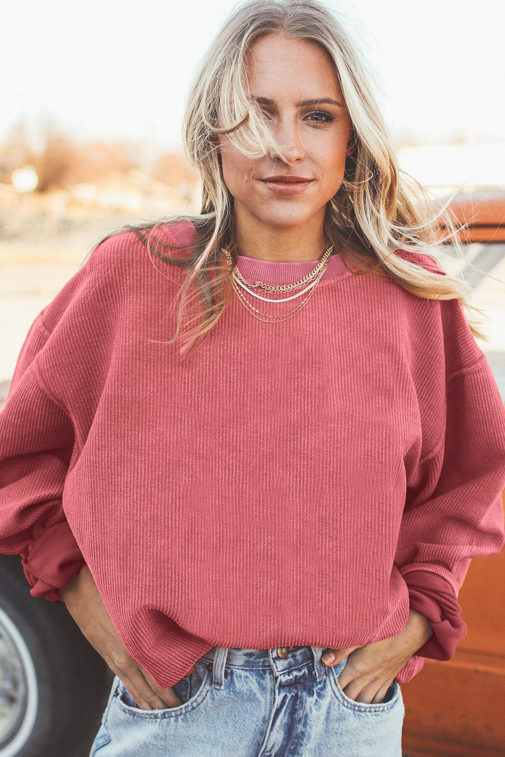 Orange Ribbed Corduroy Oversized Sweatshirt