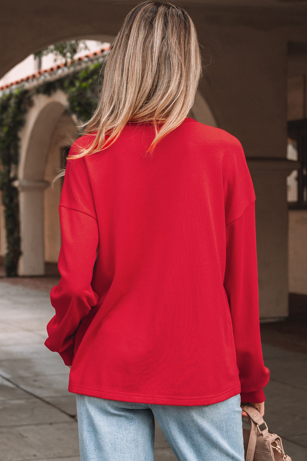 Fiery Red Plaid Frayed Double Christmas Tree Patched Drop Shoulder Sweatshirt