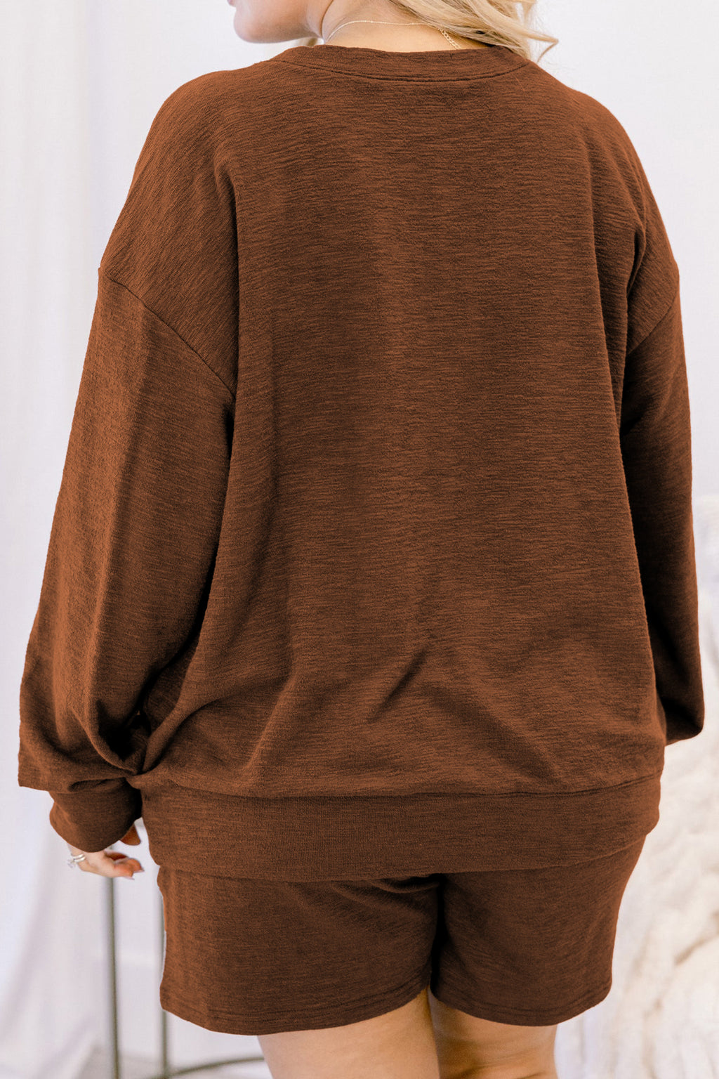 Chestnut Drop Shoulder Long Sleeve Top Elastic Waist Shorts Plus Size Set