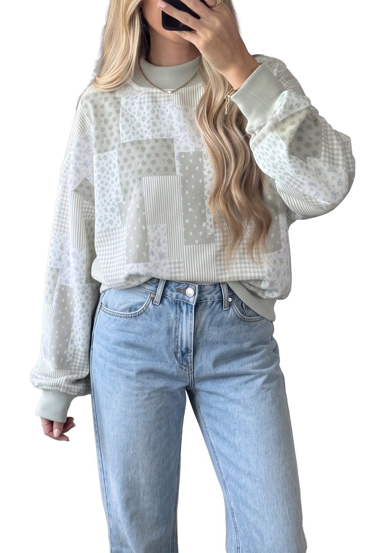 Sky Blue Patchwork Floral Print Mock Neck Long Sleeve Sweatshirt