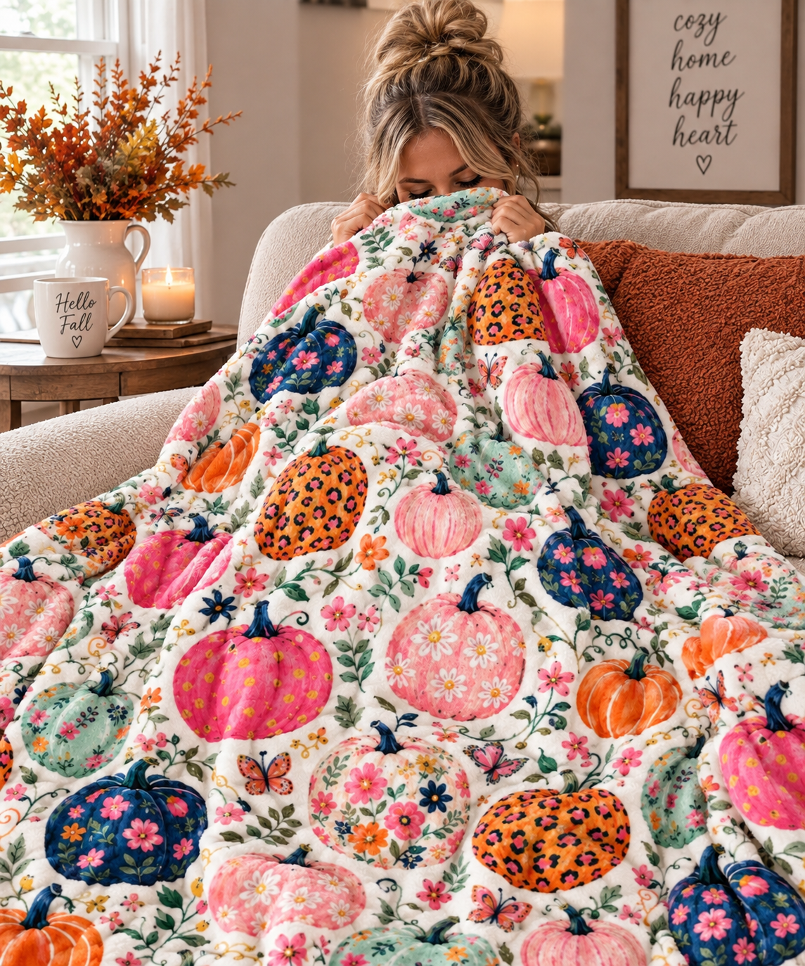 Plush Blanket - Colorful Floral Pumpkin Fall Throw