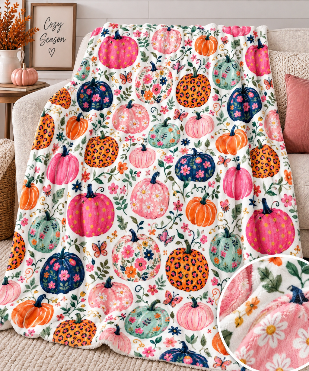 Plush Blanket - Colorful Floral Pumpkin Fall Throw