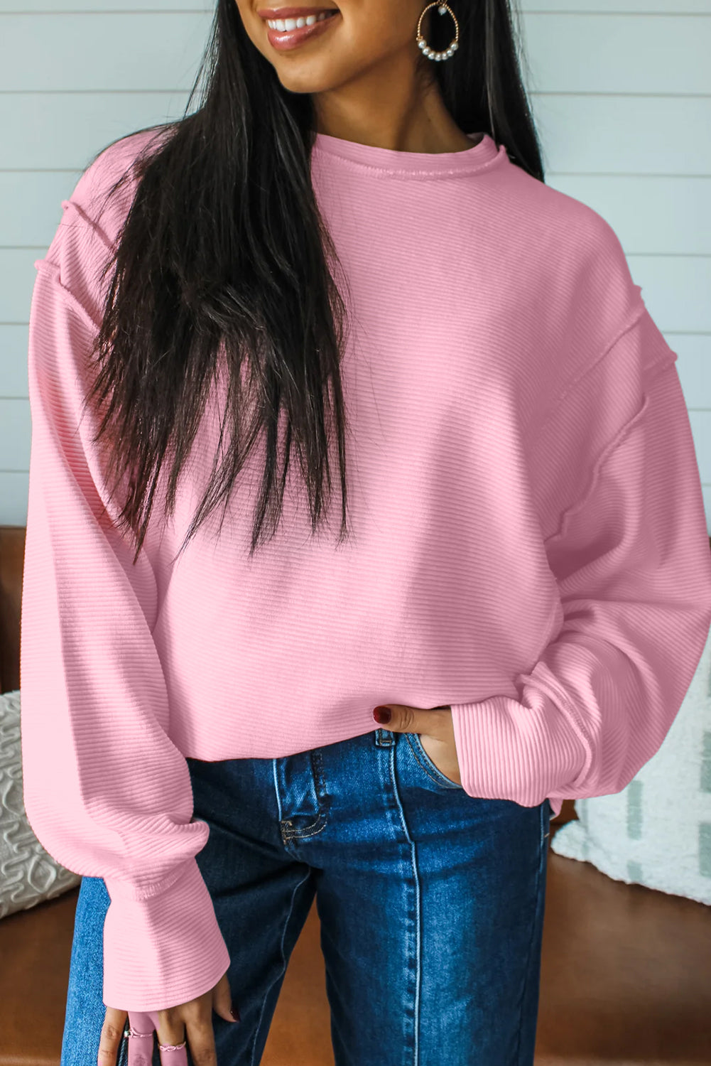 Lavendula Horizontal Ribbed Exposed Seam Detail Drop Shoulder Baggy Pullover