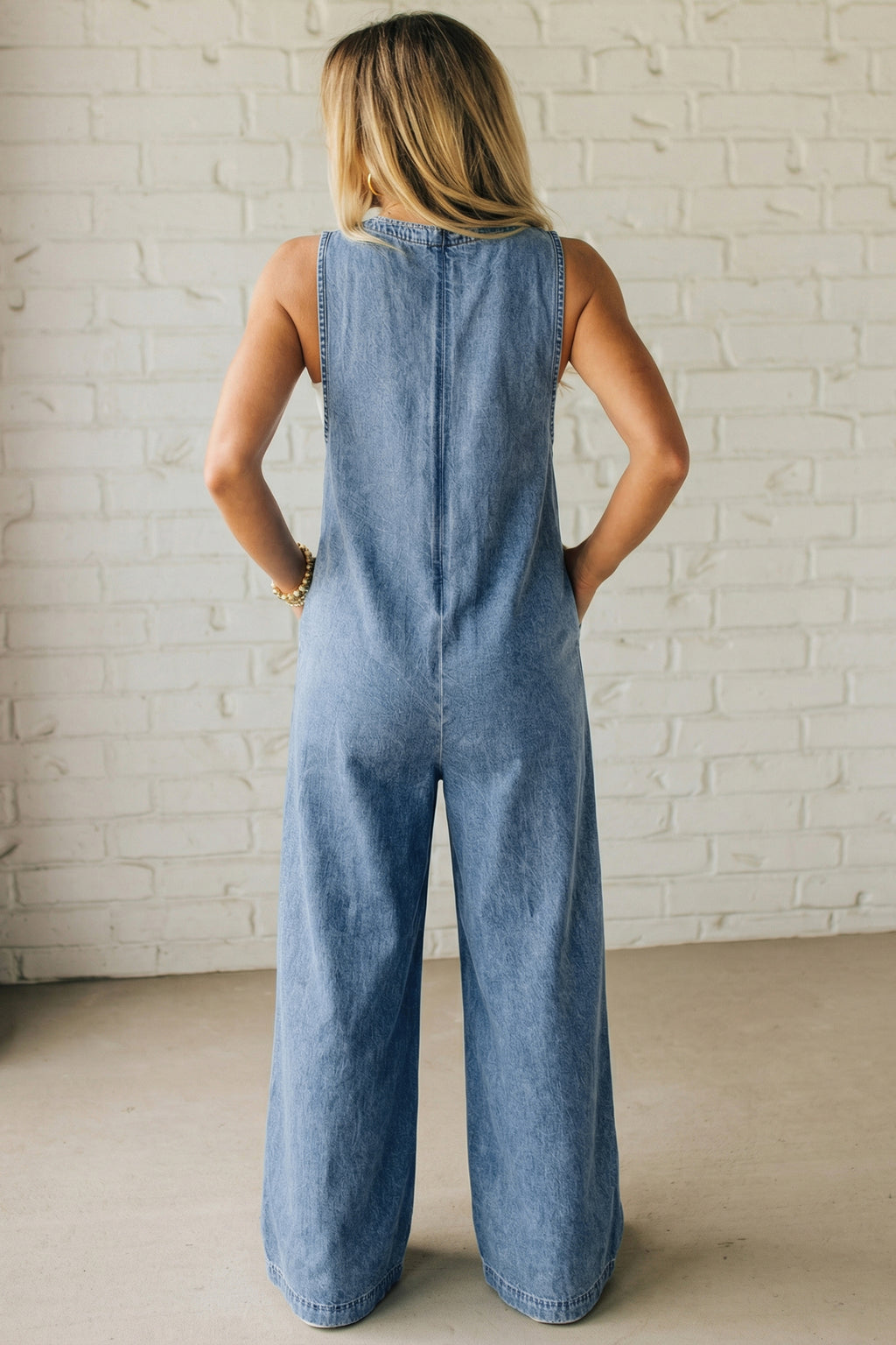 Dusk Blue 100% Cotton Acid Wash Pintuck Tie V Neck Denim Wide Leg Jumpsuit