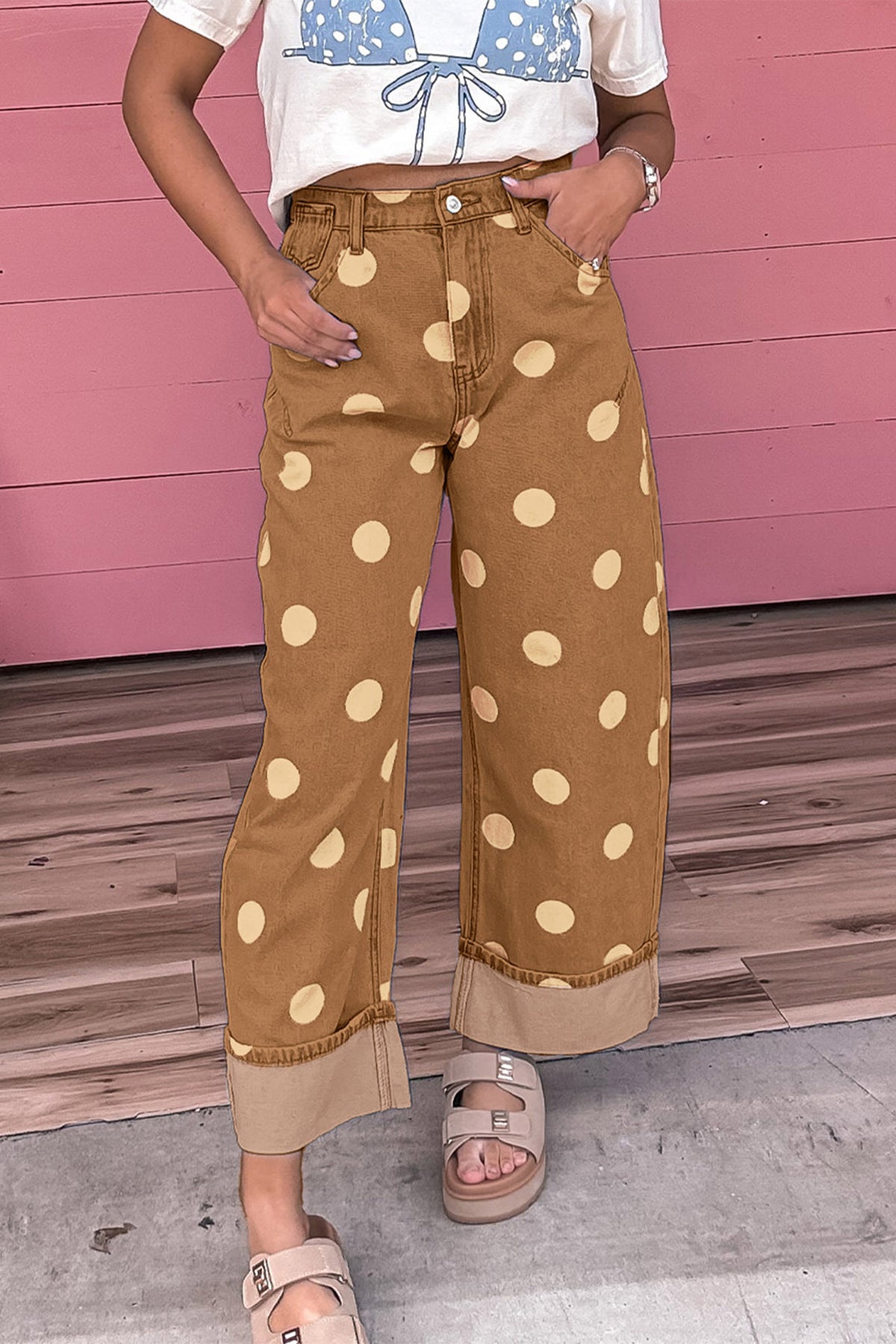 Sky Blue Polka Dot Ankle-Length Metal Button Casual Jeans