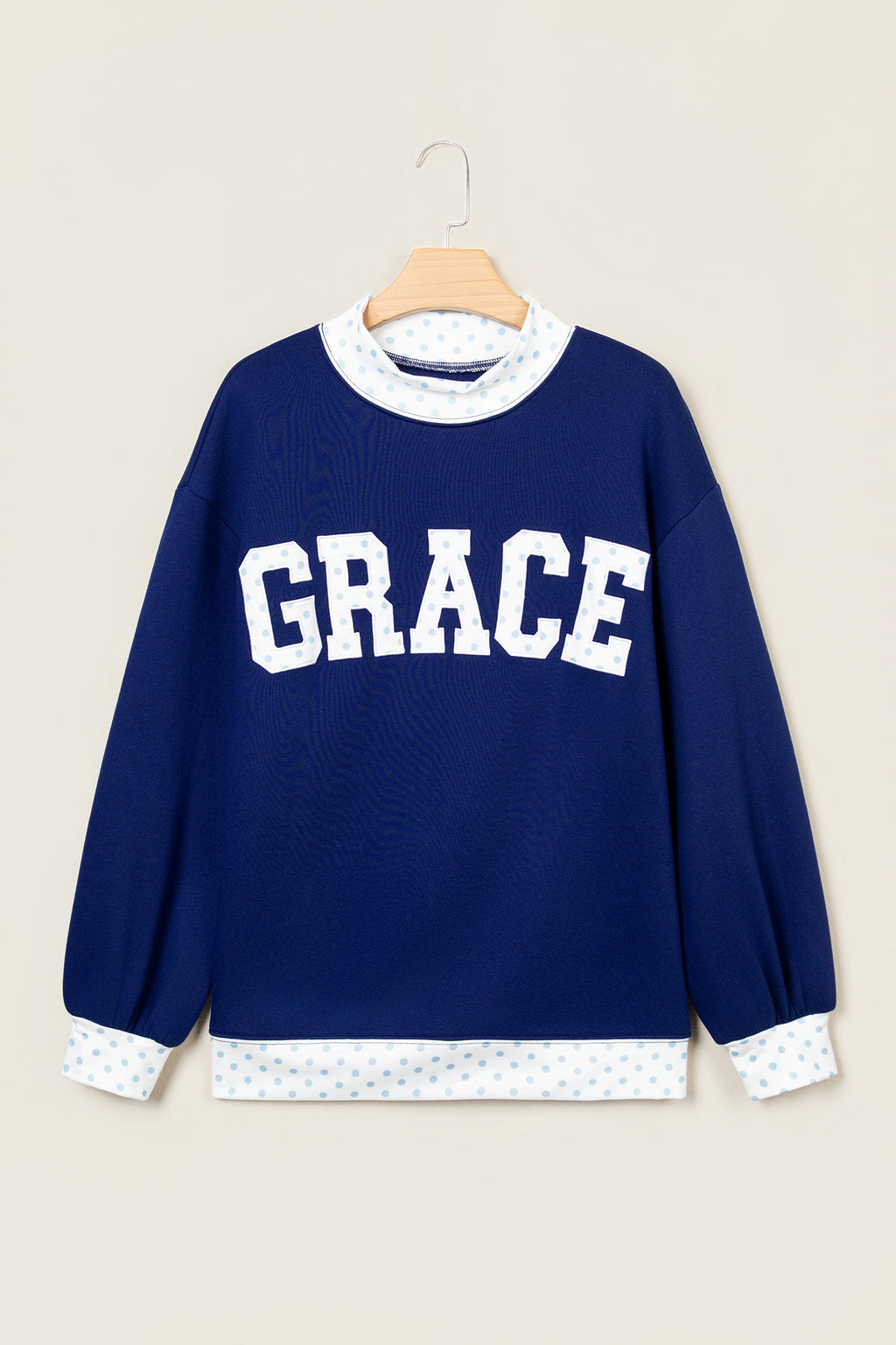 Dirty blue Polka Dot Trim High Neck GRACE Letter Graphic Baggy Sweatshirt