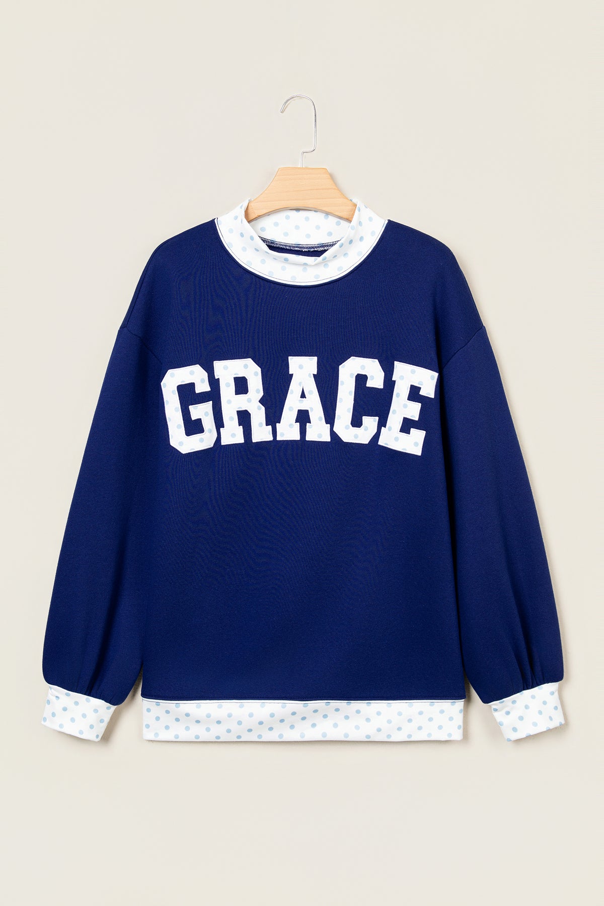 Dirty blue Polka Dot Trim High Neck GRACE Letter Graphic Baggy Sweatshirt