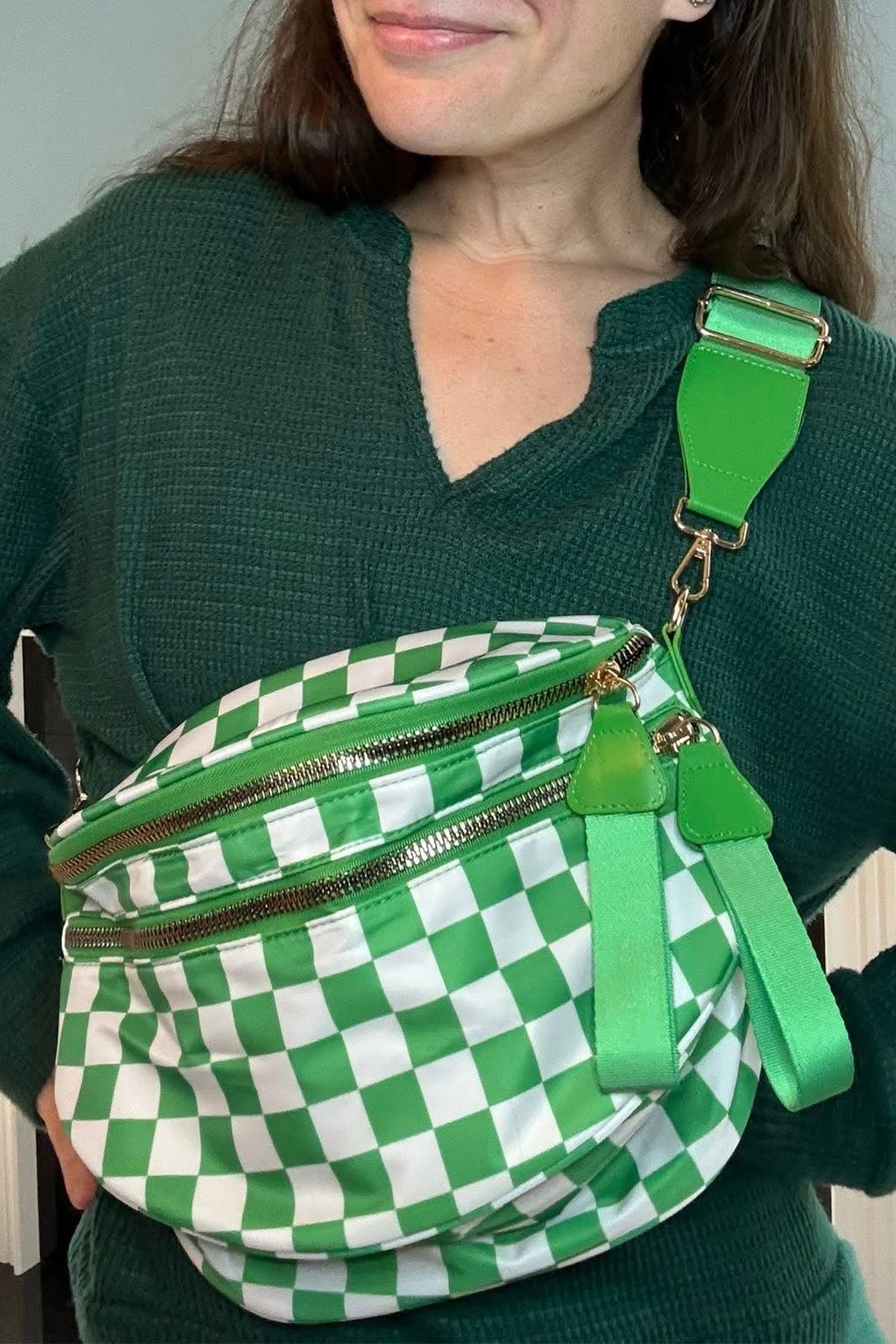 Blackish Green Checkered Print Wide Strap Large Crossbody Bag