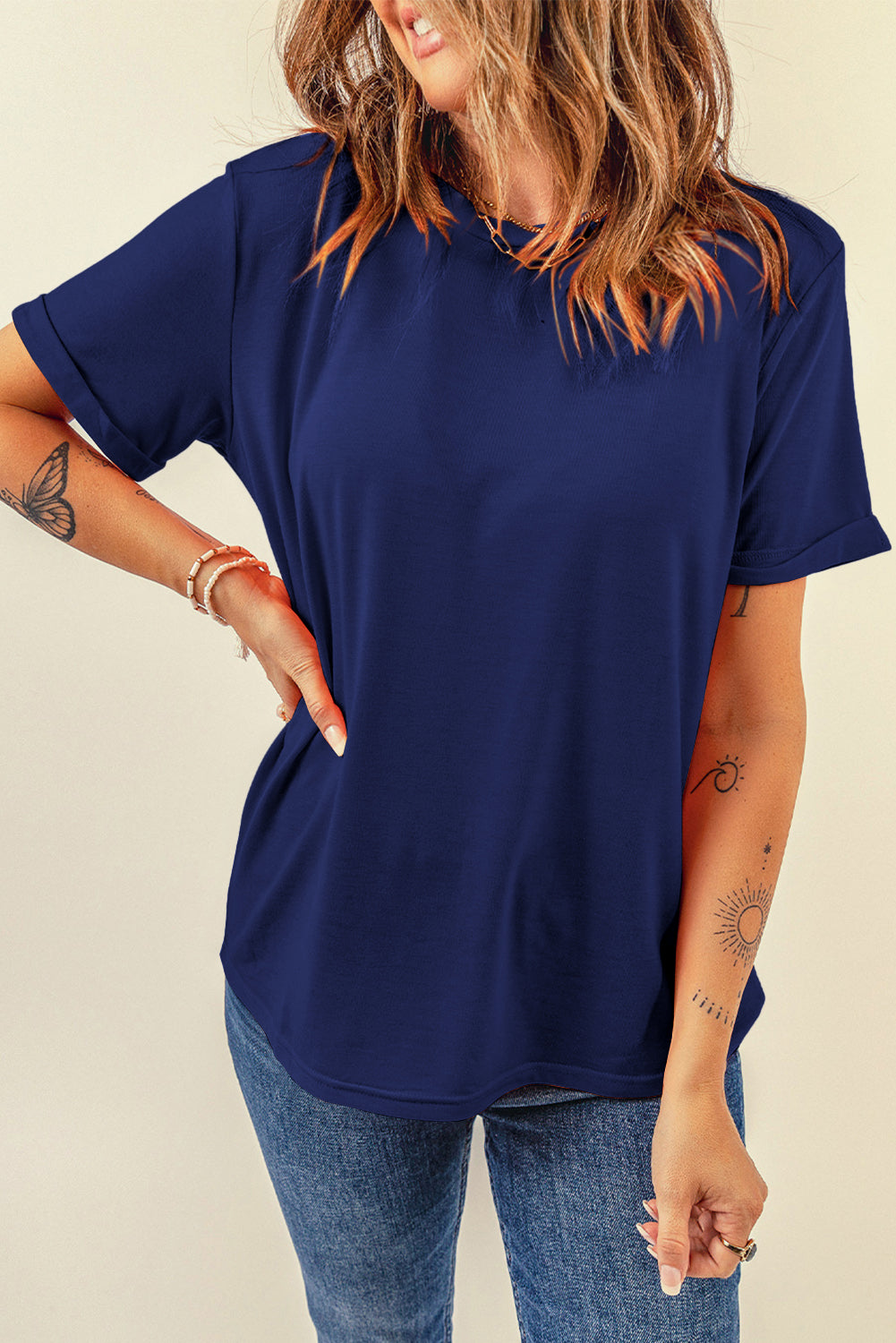 Tillandsia Purple Casual Plain Crew Neck Tee