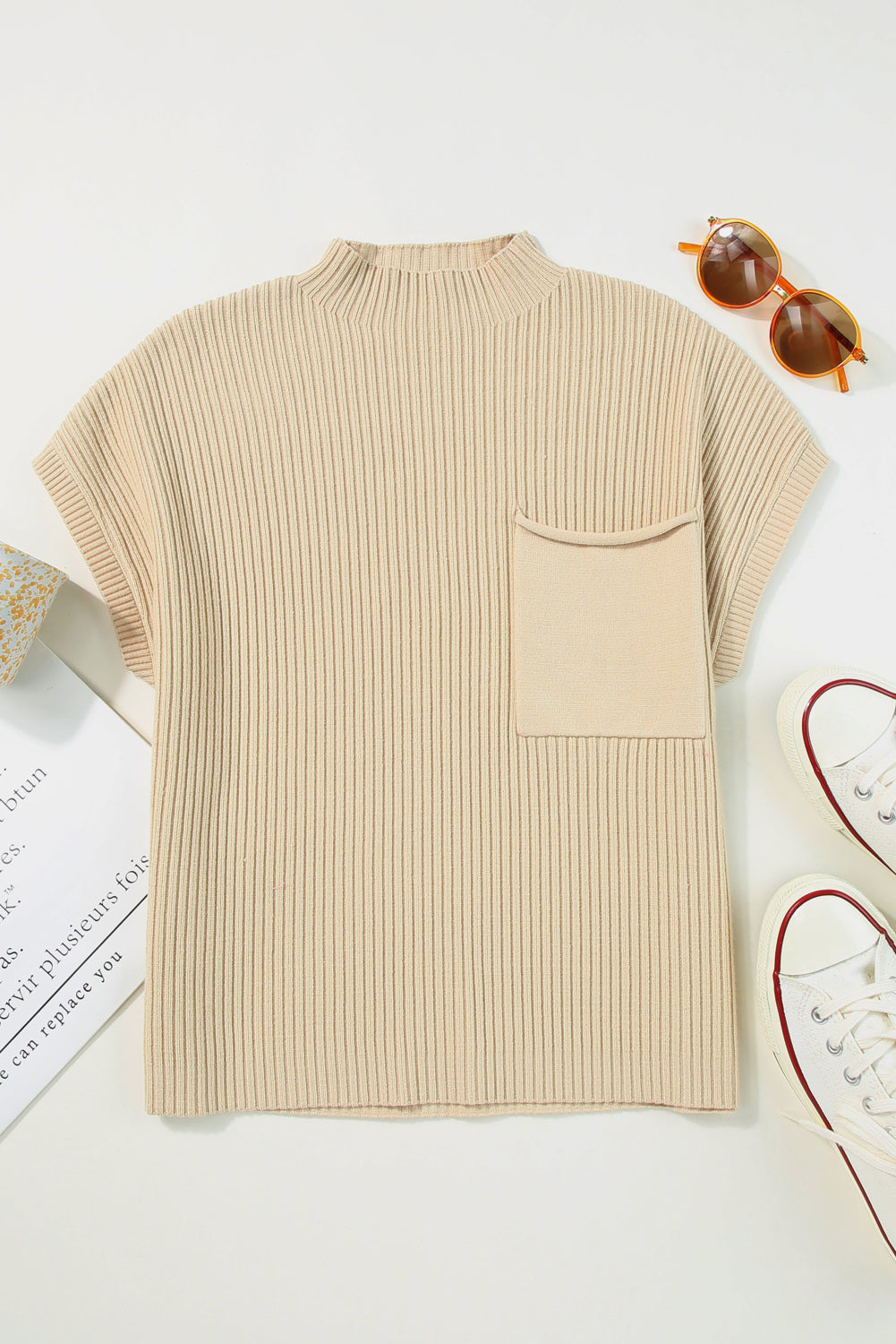 Solid Ribbed Knit Patch Pocket Short Sleeve Top