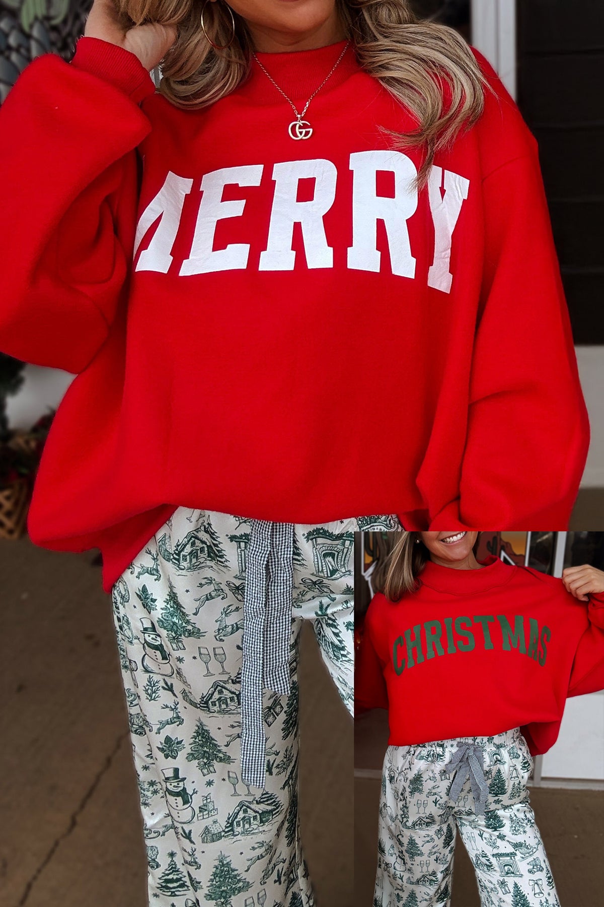 MERRY/CHRISTMAS Reversible Print Mock Neck Baggy Pullover Sweatshirt