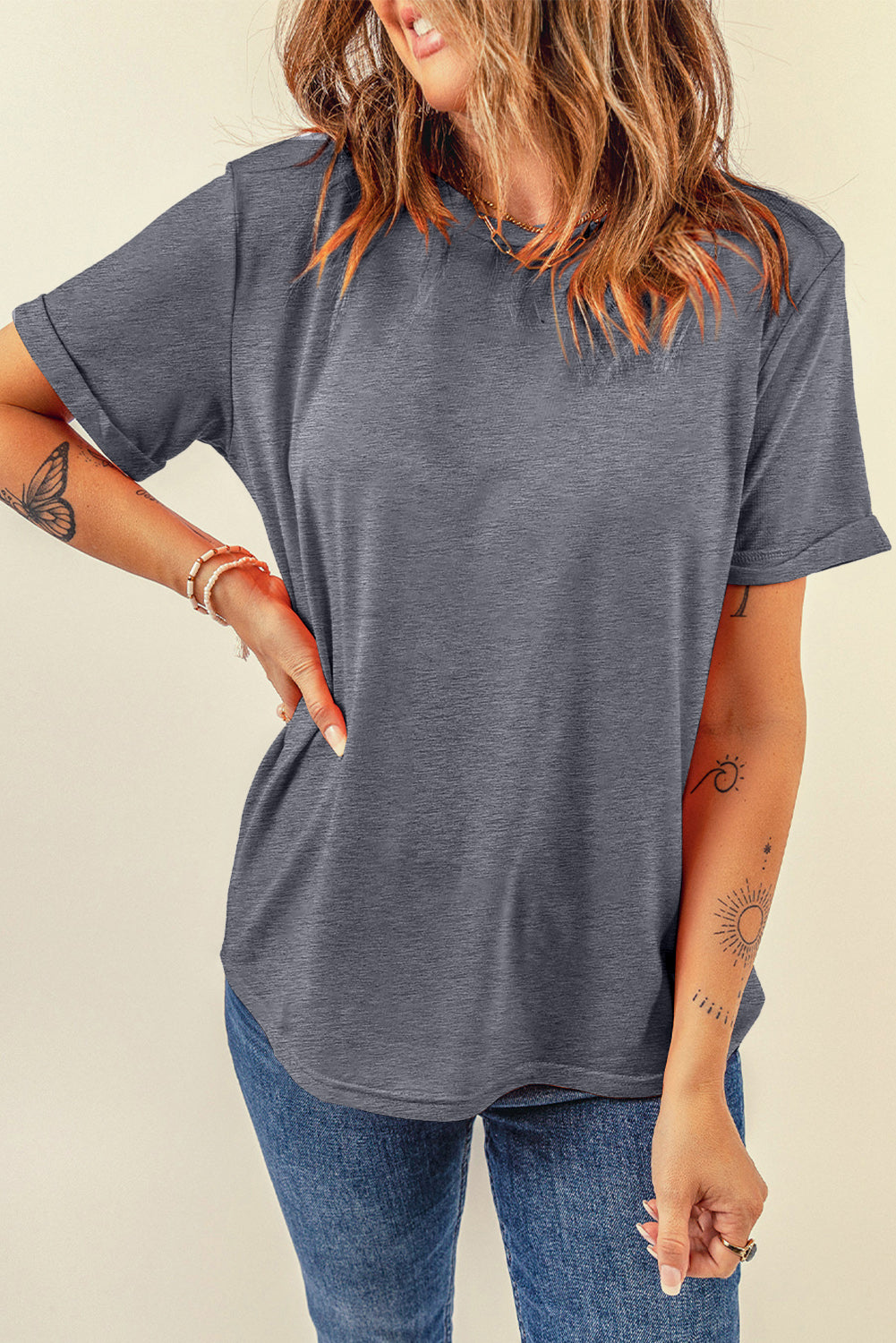 Tillandsia Purple Casual Plain Crew Neck Tee
