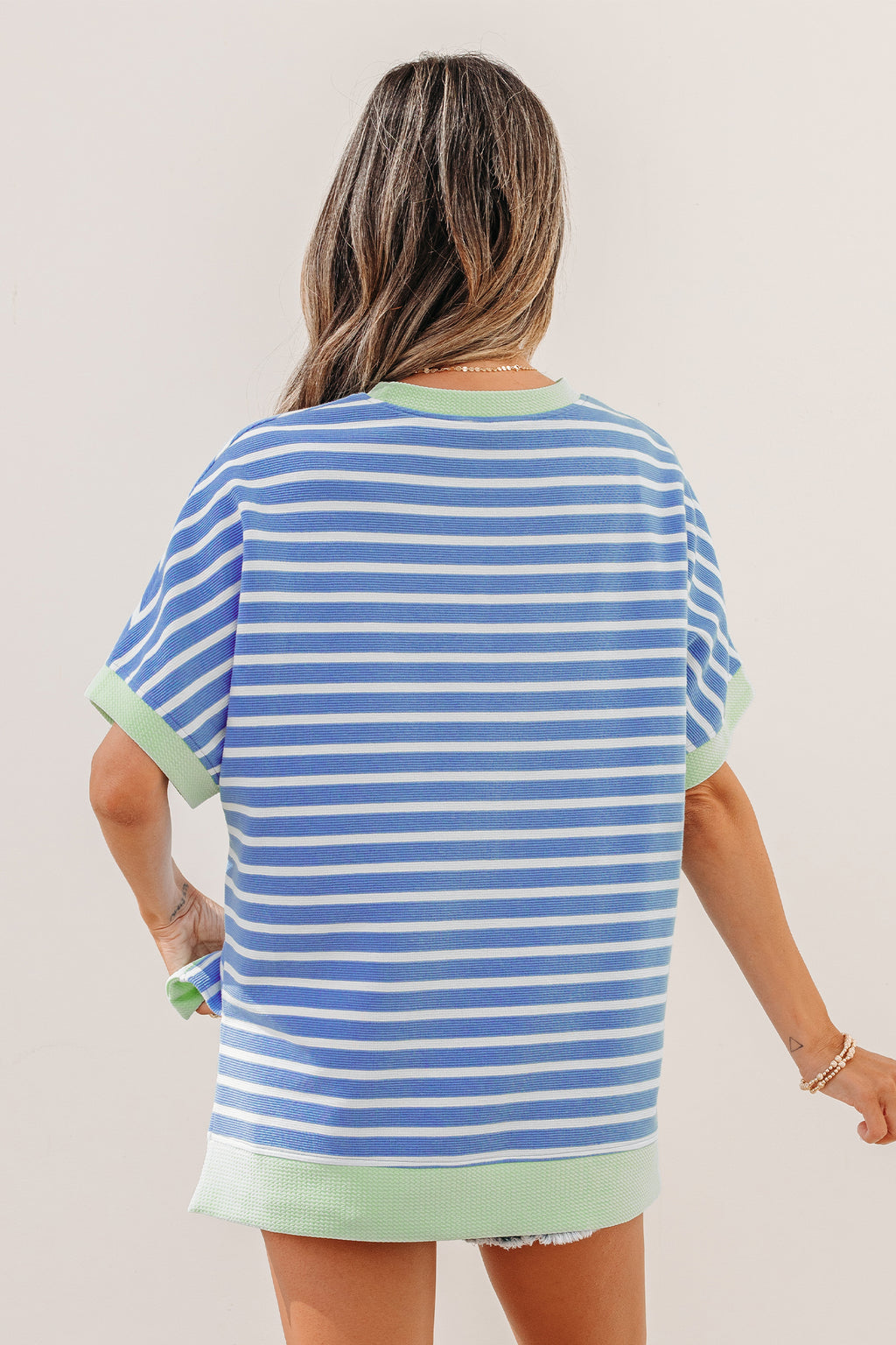 Pink Stripe Contrast Trim Loose Short Sleeve Top