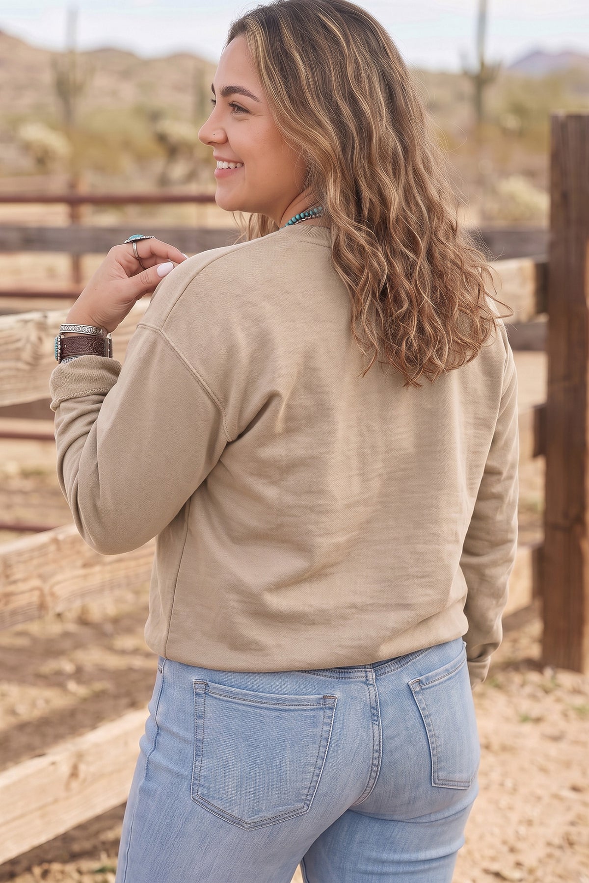 Coffee PRAY Letter Patchwork Round Neck Long Sleeve Plus Size Sweatshirt