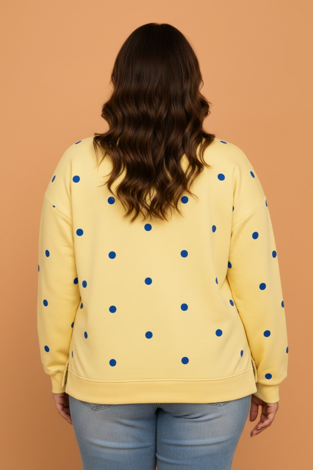 Plus Size Polka Dot Long Sleeve Split Hem Sweatshirt