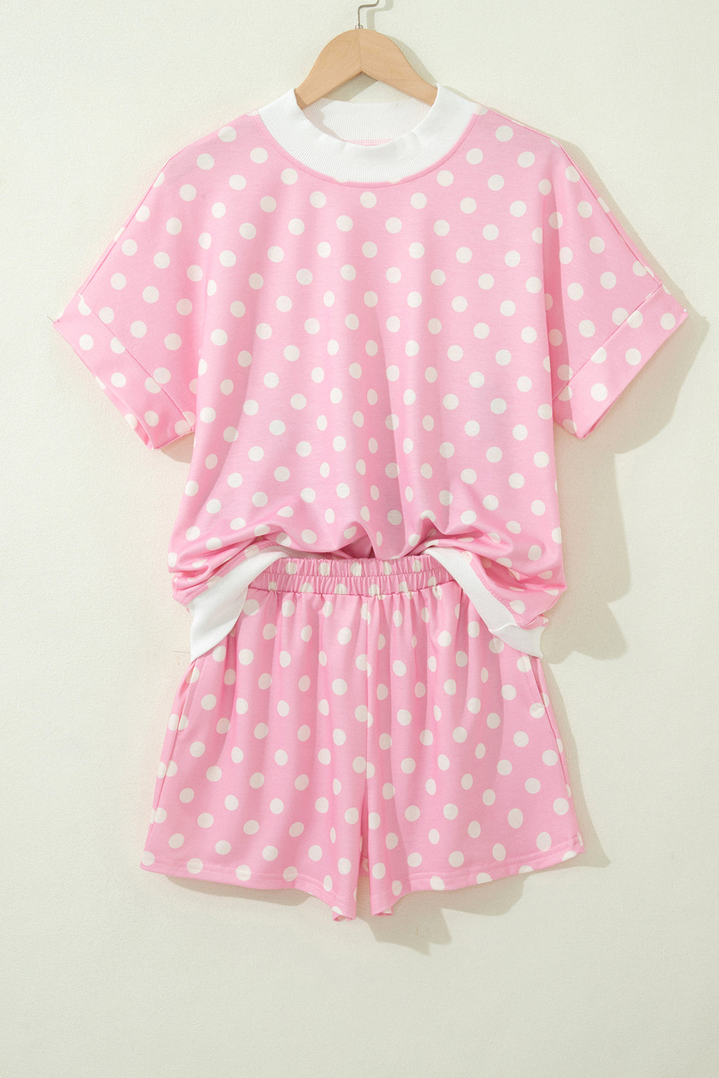 Pink Polka Dot Print Color Block Trim Mock Neck Short Set
