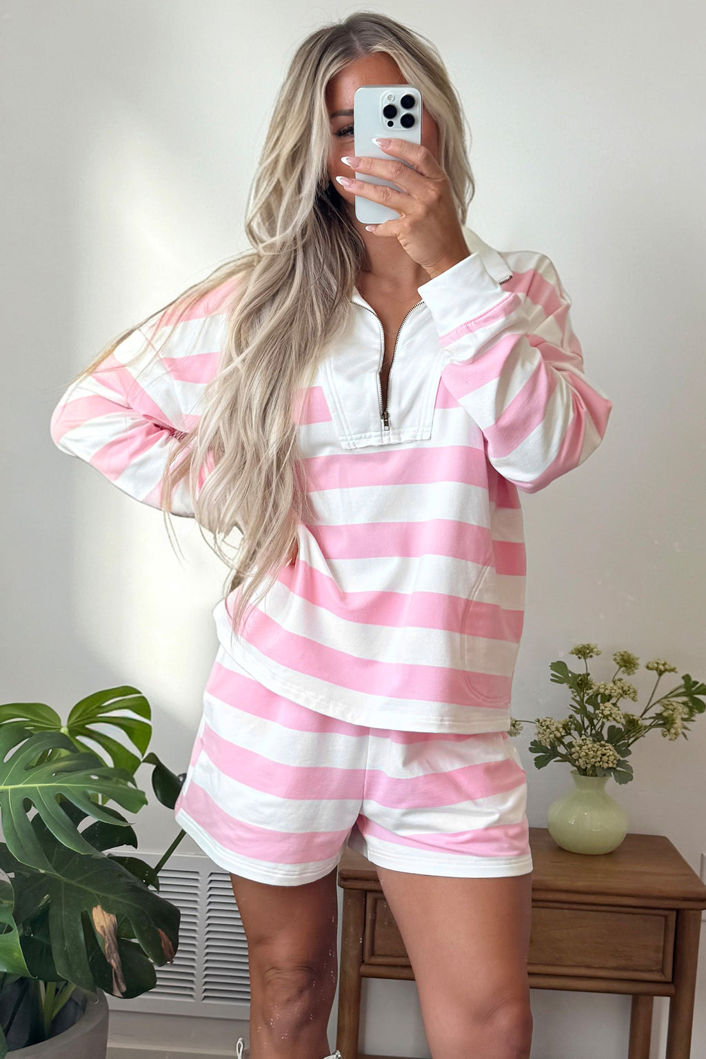 Pink Stripe Patchwork Zipper Pullover Elastic Waist Shorts 2pcs Set